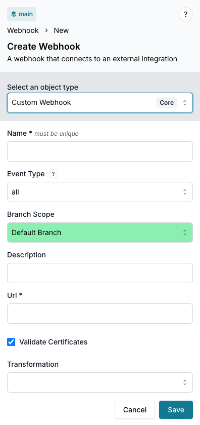 &quot;Example screenshot of Infrahub 1.2 showing the new Webhook create menu.&quot;